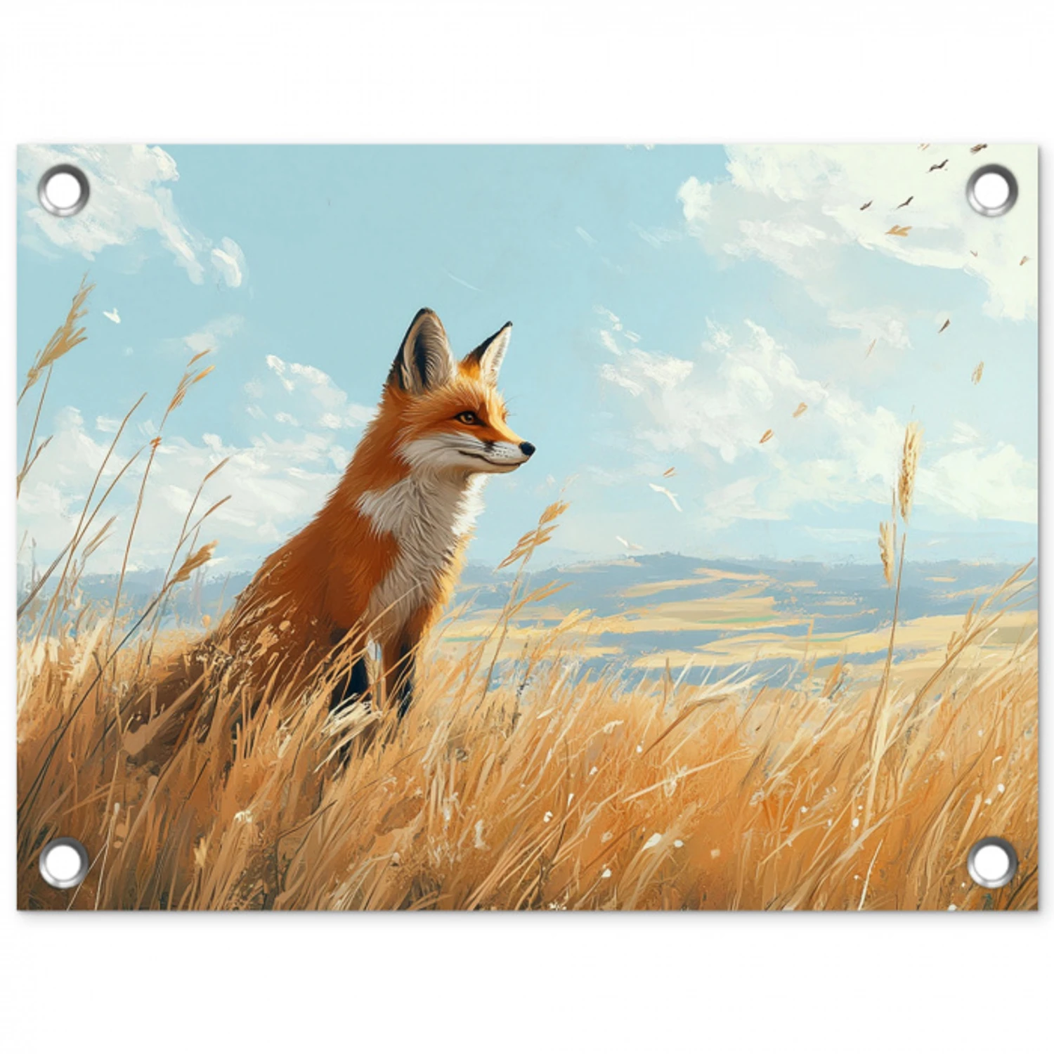 Vos - Gras - Wolken - Oranje tuinposter los doek klein -3d