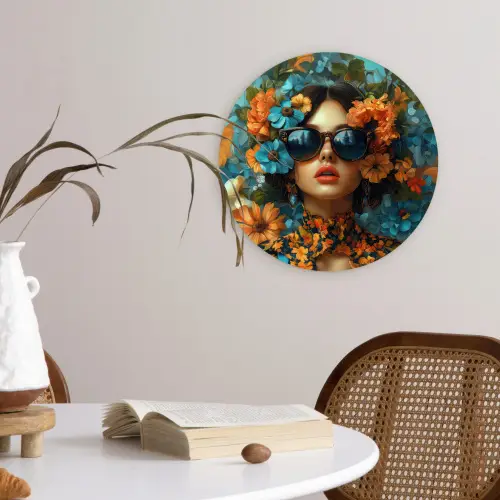 Vrouw - Bloemen - Oranje - Blauw - Modern Wandcirkel plexiglas klein -sfeer4