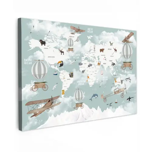 Wereldkaart - Kind - Vliegtuig Tuinposter op houten frame 2 cm dik klein -3d