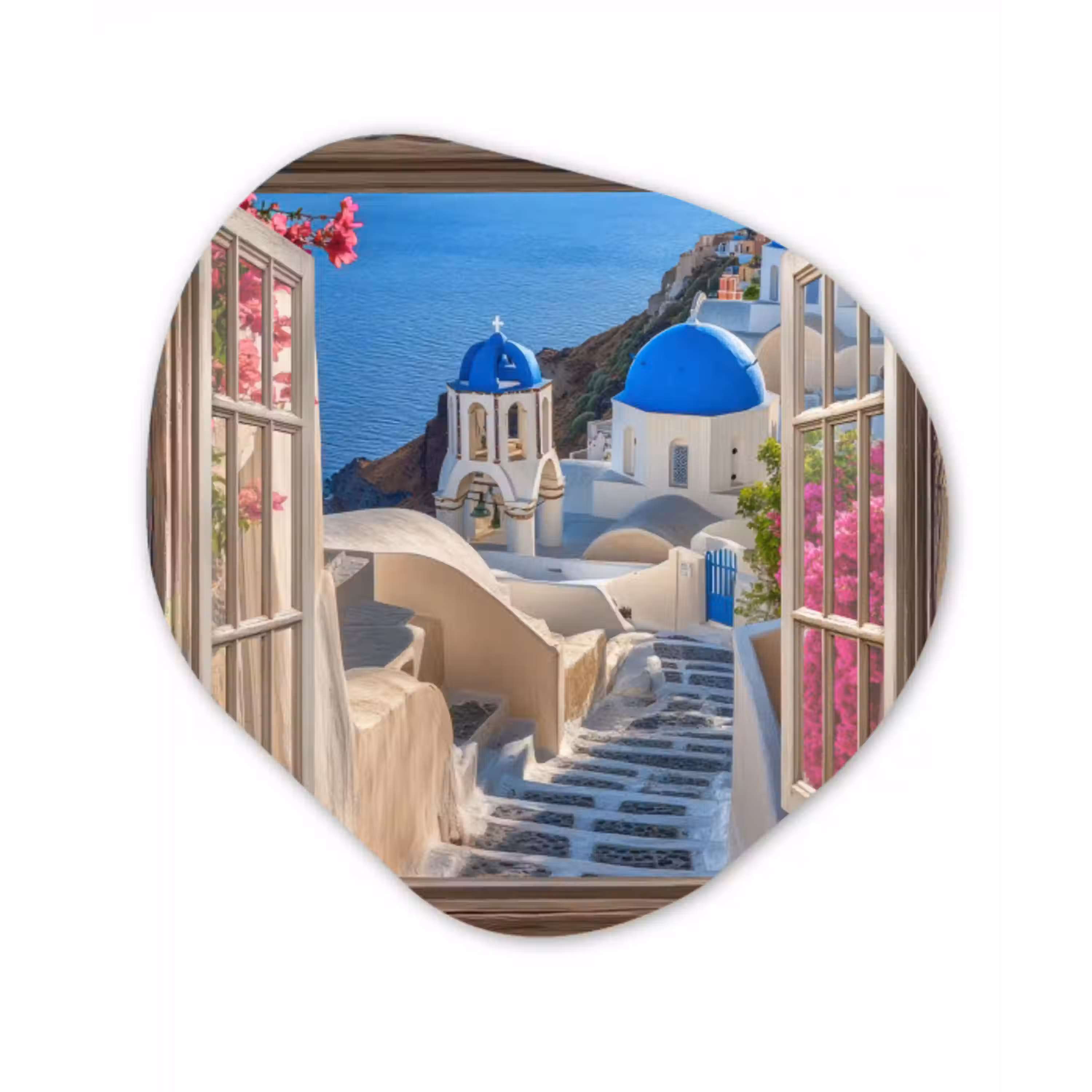 Doorkijk - Santorini - Landschap - Blauw - Grieks Wandcirkel Organisch Plexiglas middel -3d