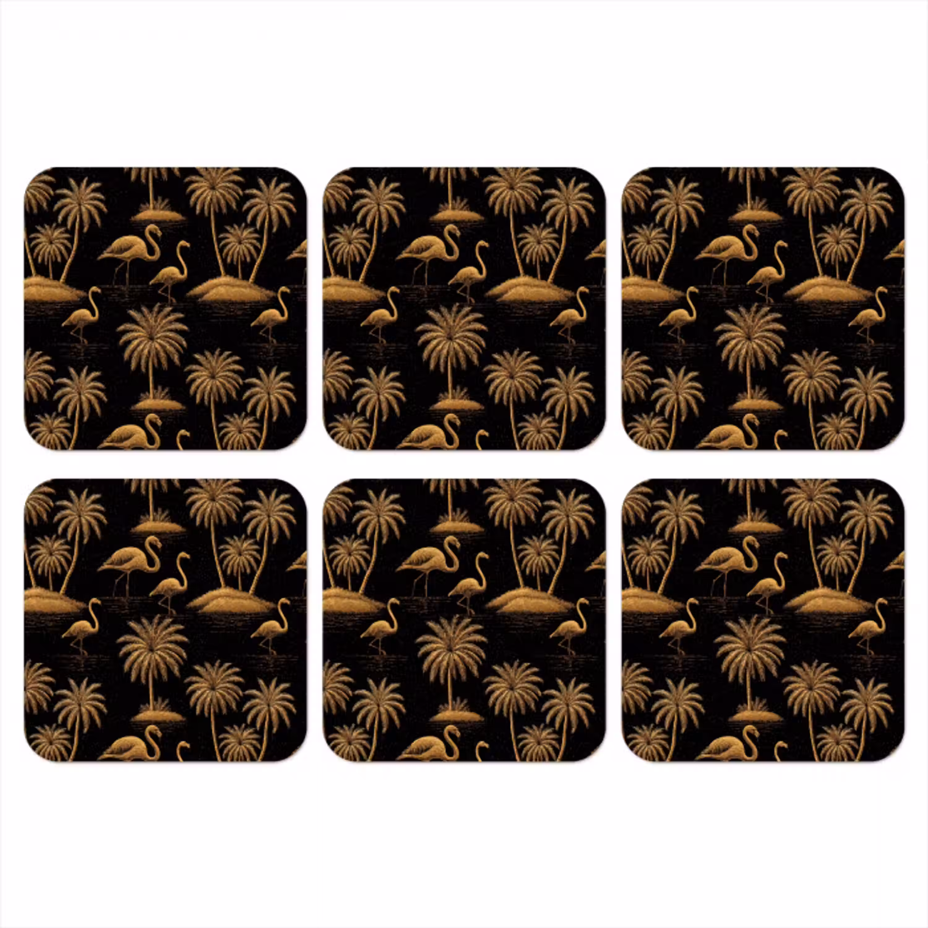 Flamingo - Palmbomen - Tropisch - Goud - Zwart onderzetter kurk middel 366 -3d