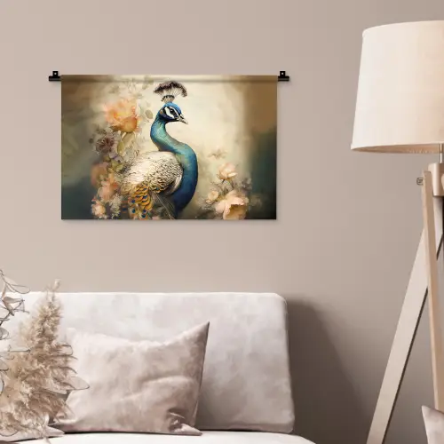 Pauw - Pauwenveren - Bloemen - Vogels - Botanisch Wandkleed katoen klein -sfeer4