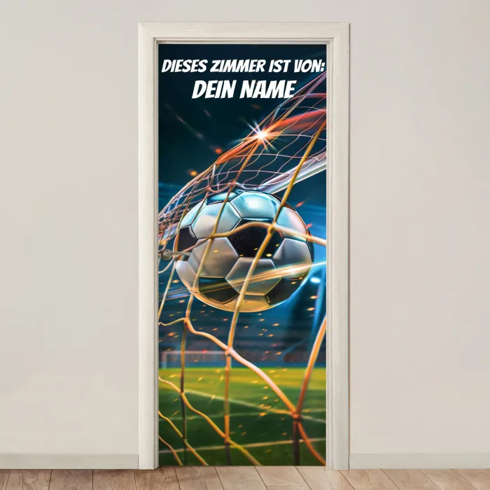 Fußball im Tornetz mit Namensfeld. deurposter klein -3d_beige