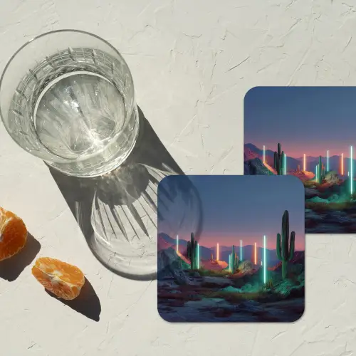 Cactus - Lichtzuilen - Zonsondergang onderzetter kurk middel -sfeer4