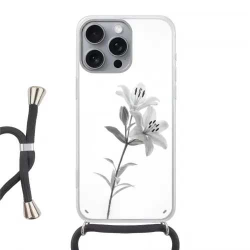 Lelies - Elegant - Zwart - Wit Hoesje iPhone 16 Pro Max met koord klein -3d