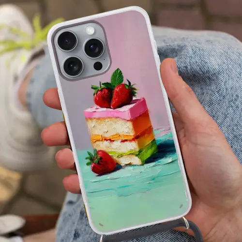 Taartje - Aardbeien - Glazuur - Kleurrijk Hoesje iPhone 16 Pro Max met koord klein -sfeer3