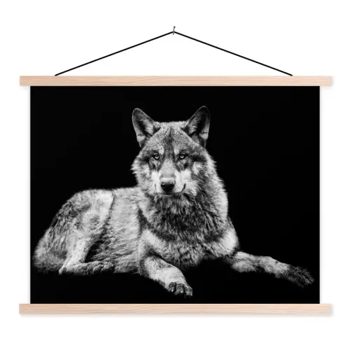 Wilde dieren - Wolf - Zwart - Wit textielposter latten blank klein -3d