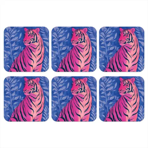 Tijger - Roze - Bladeren - Jungle onderzetter kurk middel -3d