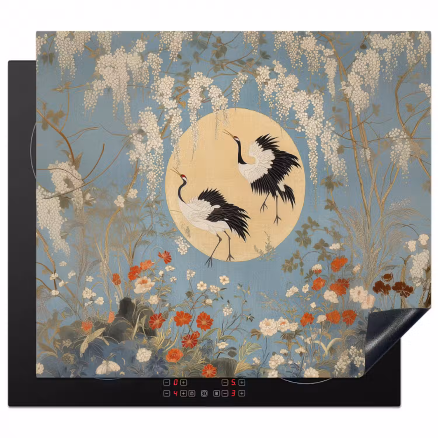 Herdabdeckplatte - Kraniche - Mond - Blumen - Blau