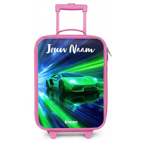 Sportauto - Groen - Snelheidslijnen - Neon Kinderkoffer - Roze klein -zz3dotto