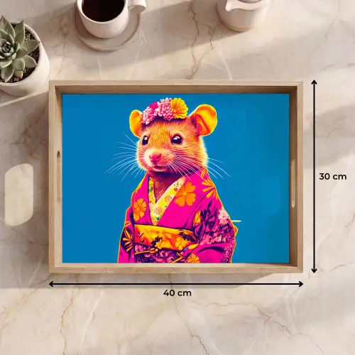 Muis - Kimono - Bloemen - Blauw Dienblad Rechthoek middel -USP_Formaat