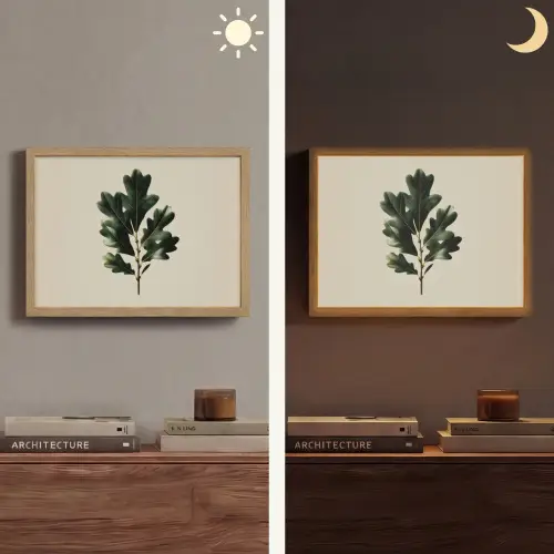 Eikenbladeren - Beige - Groen - Golvende randen Light Box met batterij (Wandlamp) middel -sfeer3