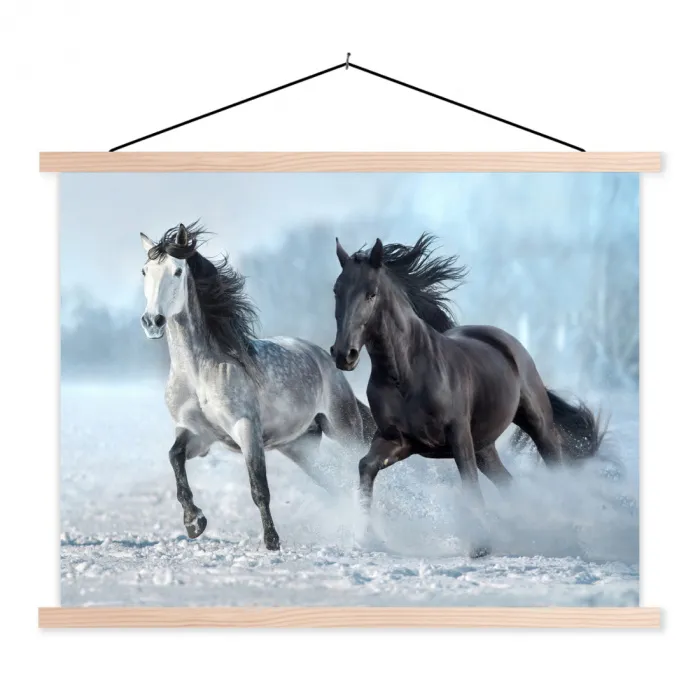 Paarden - Winter - Dieren - Natuur - Sneeuw textielposter latten blank klein -3d