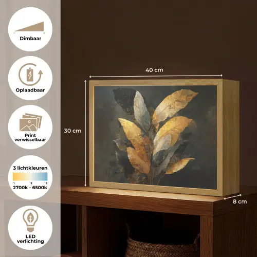 Gouden Bladcompositie – Botanische Luxe Light Box met batterij (Wandlamp) middel -USP_websiteoverzichtNL