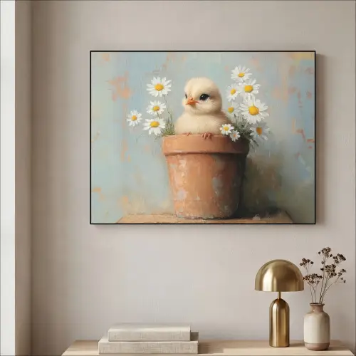 Bloempot - Kuiken - Bloemetjes Textielframe zwart klein -sfeer2