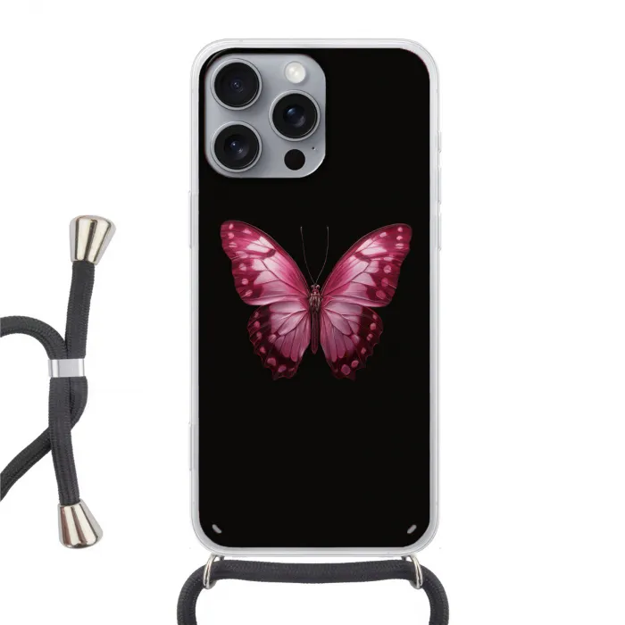Vlinder - Fuchsia - Grafisch Hoesje iPhone 16 Pro Max met koord klein -3d
