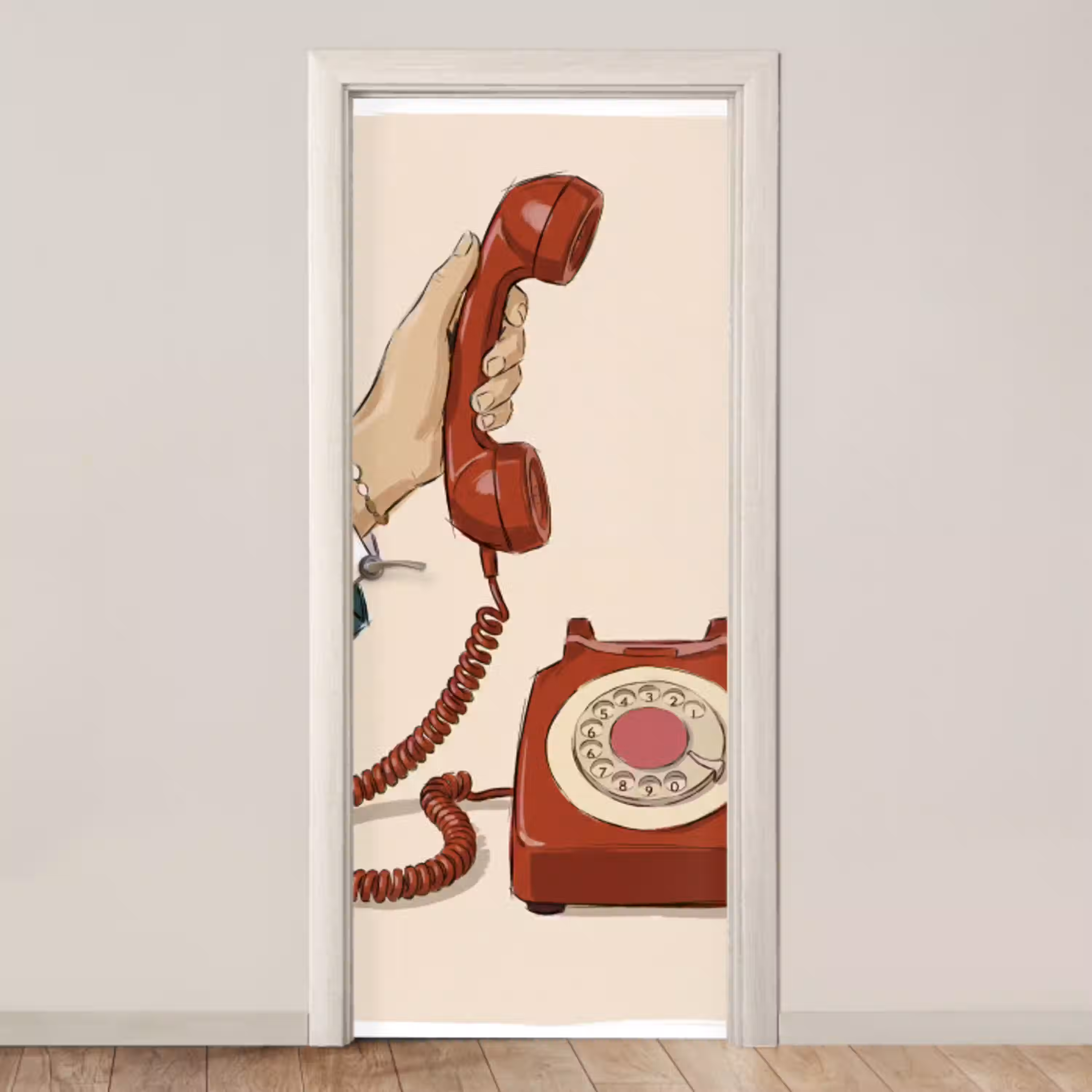 Telefoon - Hand - Vintage - Communicatie - Rood deurposter klein -3d_beige