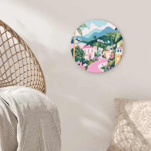 Kleurrijk - Huizen - Heuvels - Roze Wandcirkel kunststof plaat 5mm dik klein -sfeer5