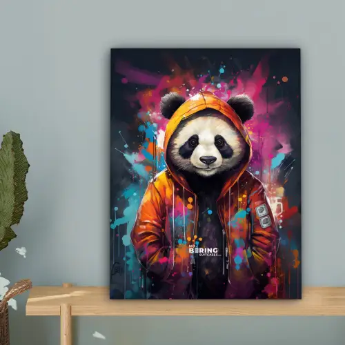 Panda met oranje jas en verfspetters canvas 2cm klein -sfeer4
