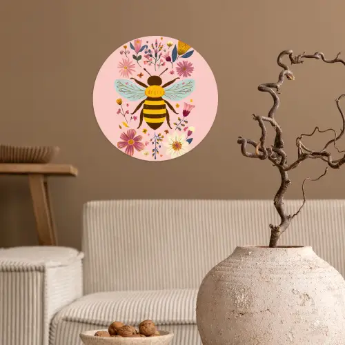 Bij - Geel - Bloemen - Kleurrijk Wandcirkel behangsticker klein -sfeer1