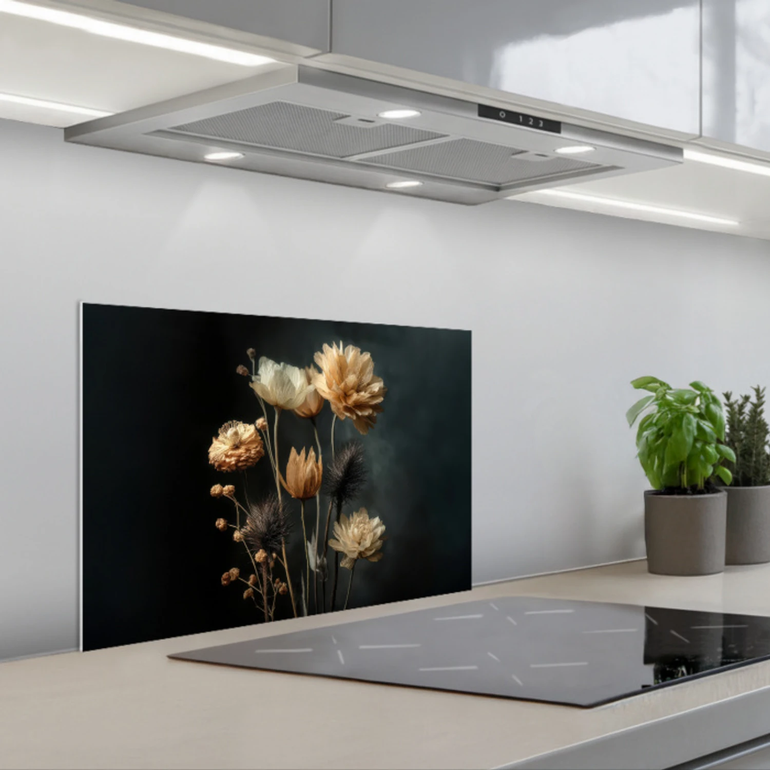Boeket - Bloemen - Licht - Zwart keuken achterwand spatscherm klein -3d_schuin