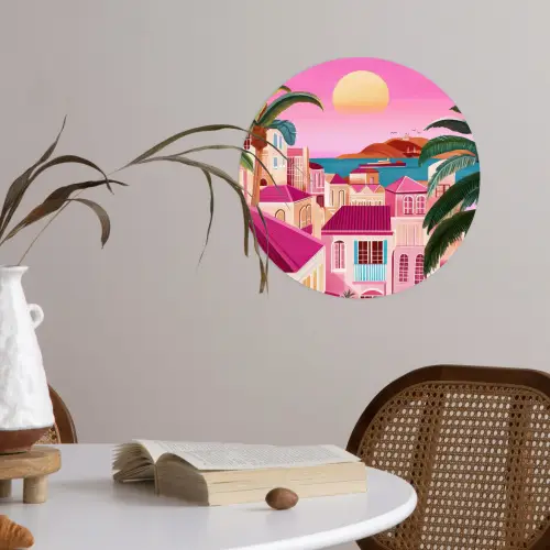 Stad - Roze - Palmbomen Wandcirkel behangsticker klein -sfeer3