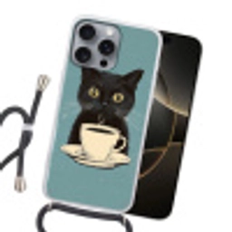 Kat - Zwart - Koffie - Minimalistisch Hoesje iPhone 16 Pro Max met koord klein -sfeer1