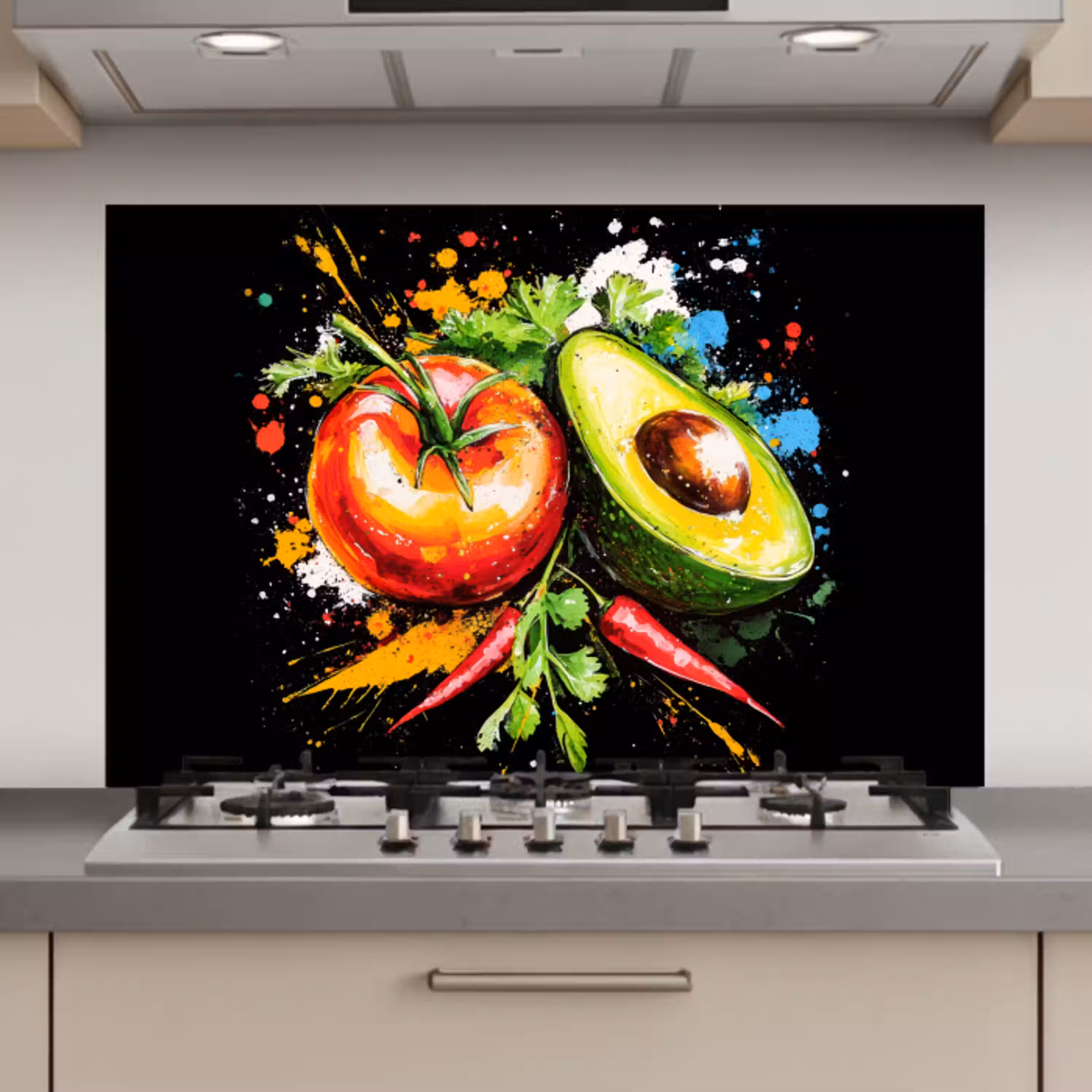 Tomaat - Avocado - Peper - Graffiti - Verf - Modern keuken achterwand spatscherm klein -3d_website