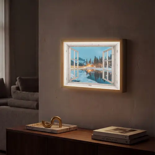Doorkijk - Winterlandschap - Natuur - Huis - Bergen Light Box met batterij (Wandlamp) middel -sfeer1