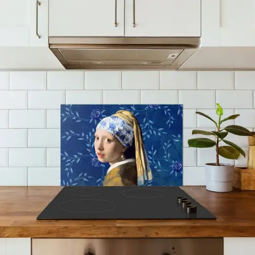 Meisje met de parel - Delfts blauw - Vermeer - Bloemen - Schilderij - Oude meesters keuken achterwand spatscherm klein -sfeer2