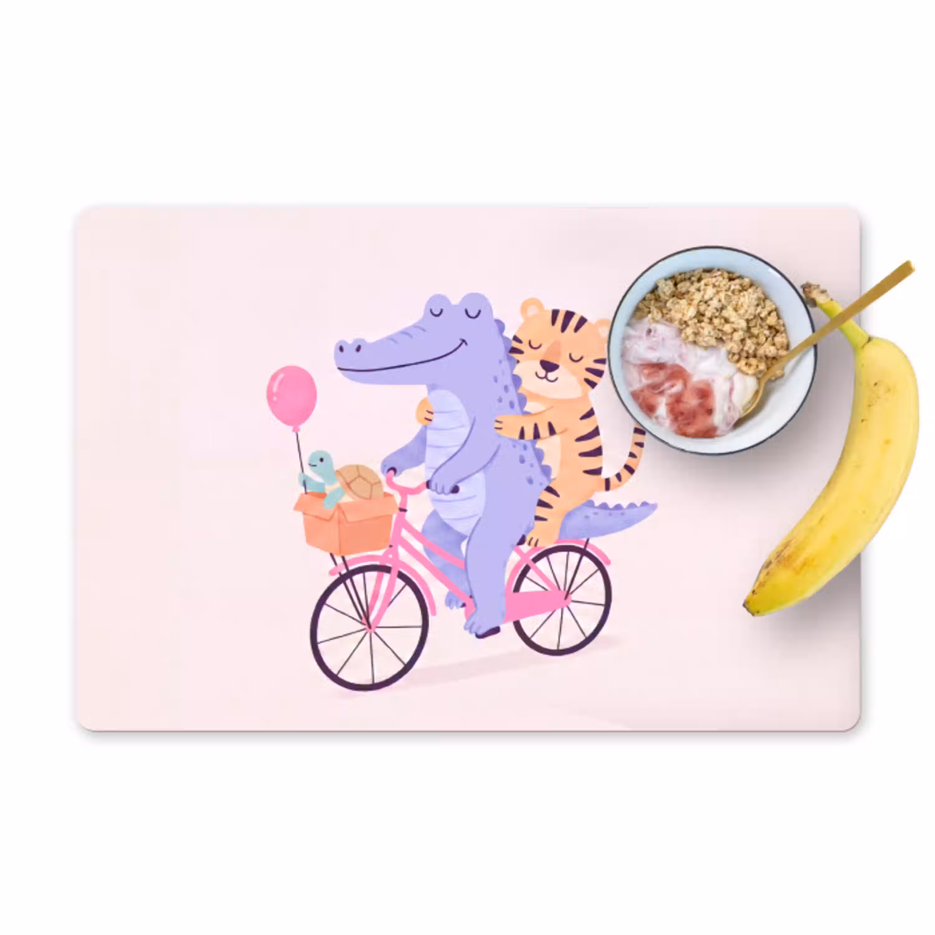 Dieren - Fiets - Vriendschap - Illustratie - Roze Placemat vinyl groot -zzzproduct_Kitchenyeah-website