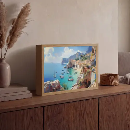Kustdorp - Schilderij - Rotsen - Boten Light Box met batterij (Wandlamp) middel -sfeer2