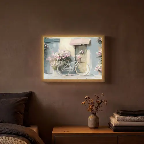 Fiets - Pastelkleuren - Bloemen Light Box met batterij (Wandlamp) middel -sfeer4