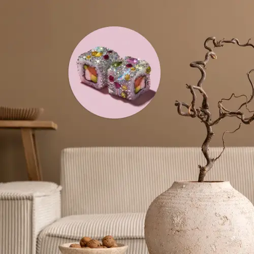Sushi - Rolletjes - Steentjes - Kleurrijk Wandcirkel behangsticker klein -sfeer1