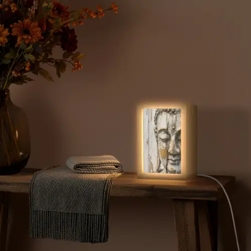 Boeddha - Houtlook - Modern - Industrieel Light Box met kabel (Tafellamp) klein -sfeer4