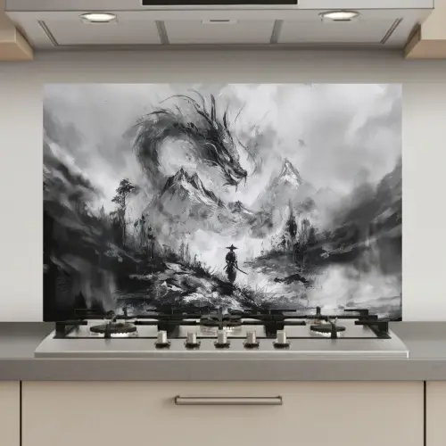 Krijger - Draak - Grijs keuken achterwand spatscherm klein -3d_website