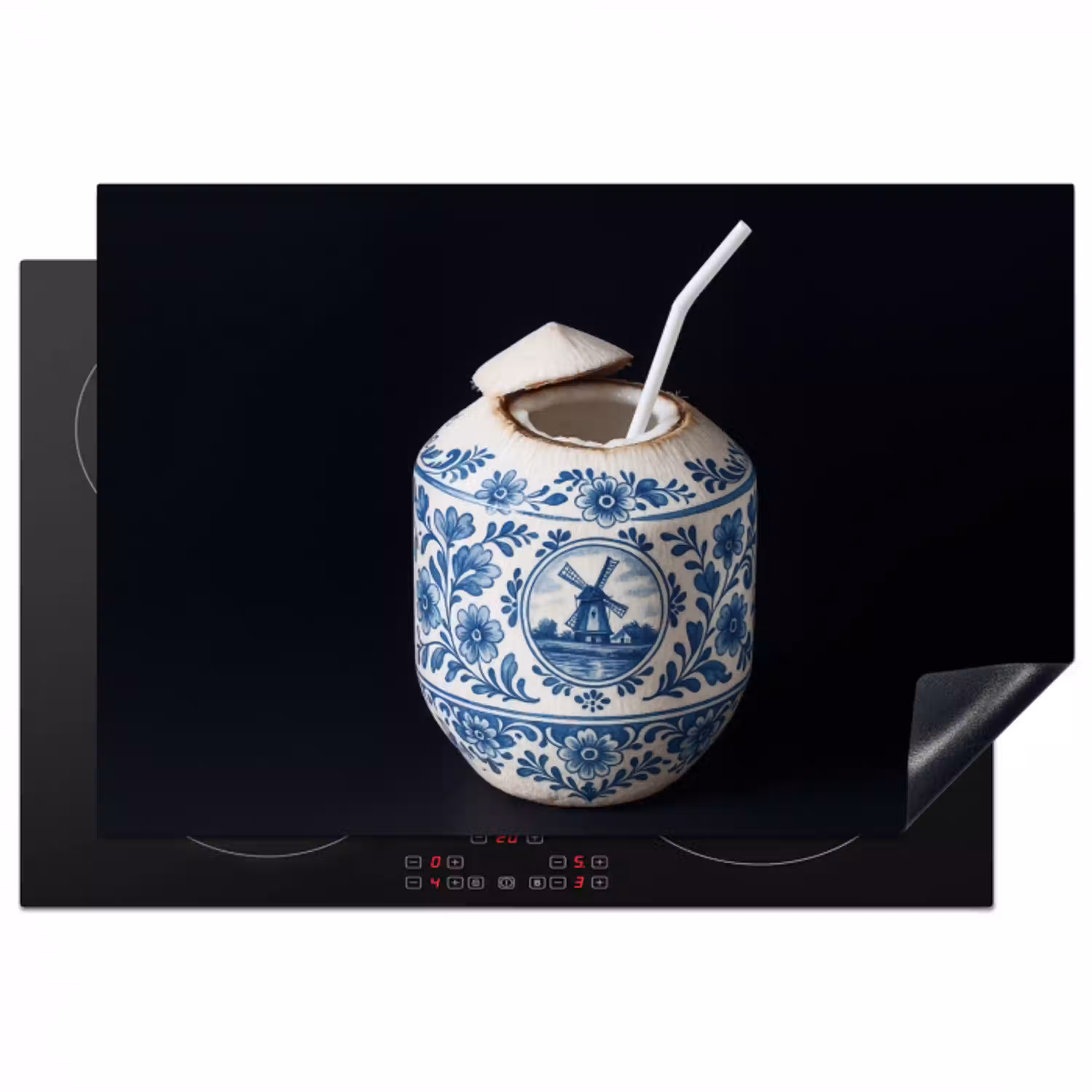 Kokosnoot - Eten - Delfts blauw - Drinken Inductie beschermer vinyl 3mm klein -3d