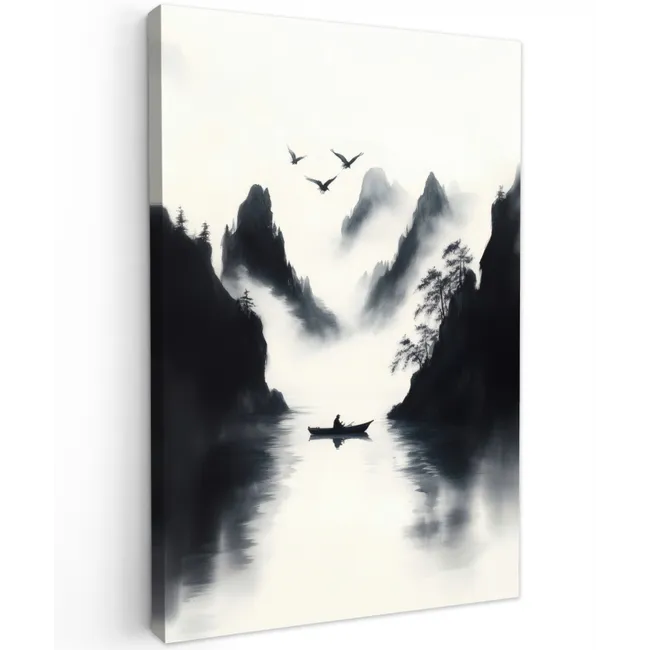 Roeiboot - Mistig - Bergen - Vogels Tuinposter op houten frame 2 cm dik klein -3d