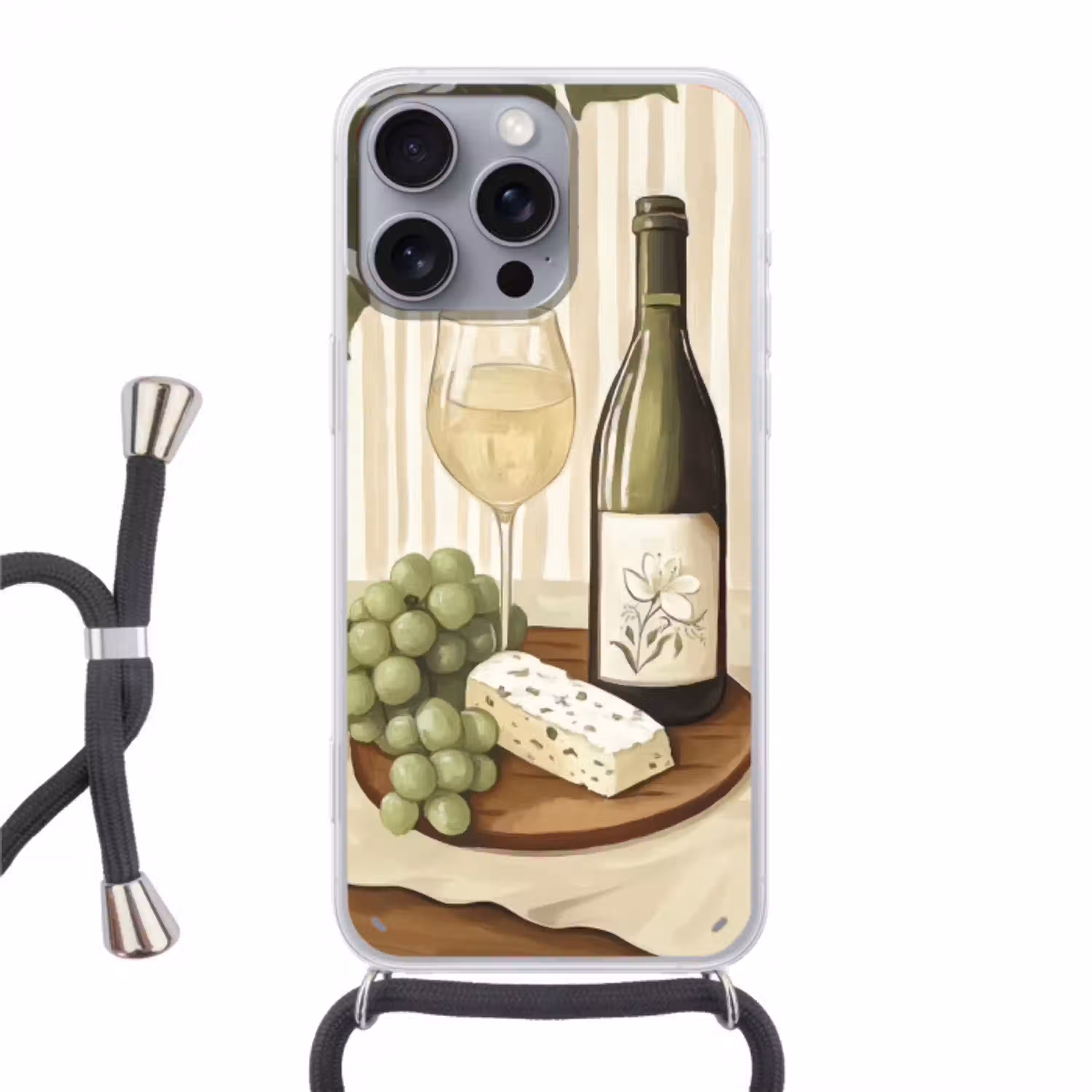 Wijn - Druiven - Kaas - Bladeren Hoesje iPhone 16 Pro Max met koord klein -3d