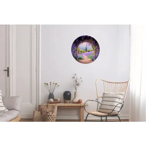 Doorkijk - Lavendel - Bloemen - Paars - Poort Wandcirkel aluminium klein -woonkamer