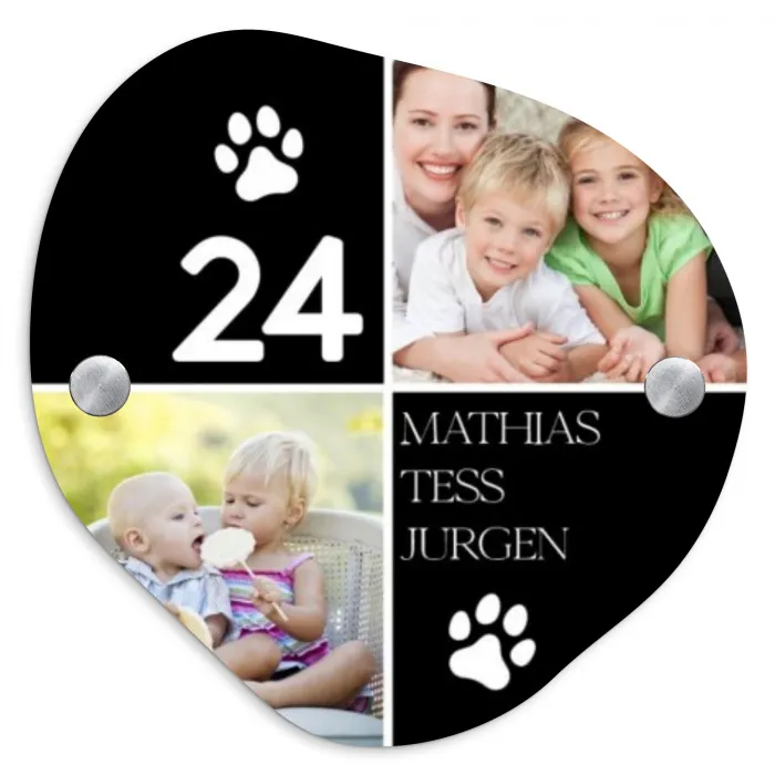 Familieportret met pootafdrukken zwart - Klassiek Naambord Organisch middel -3d