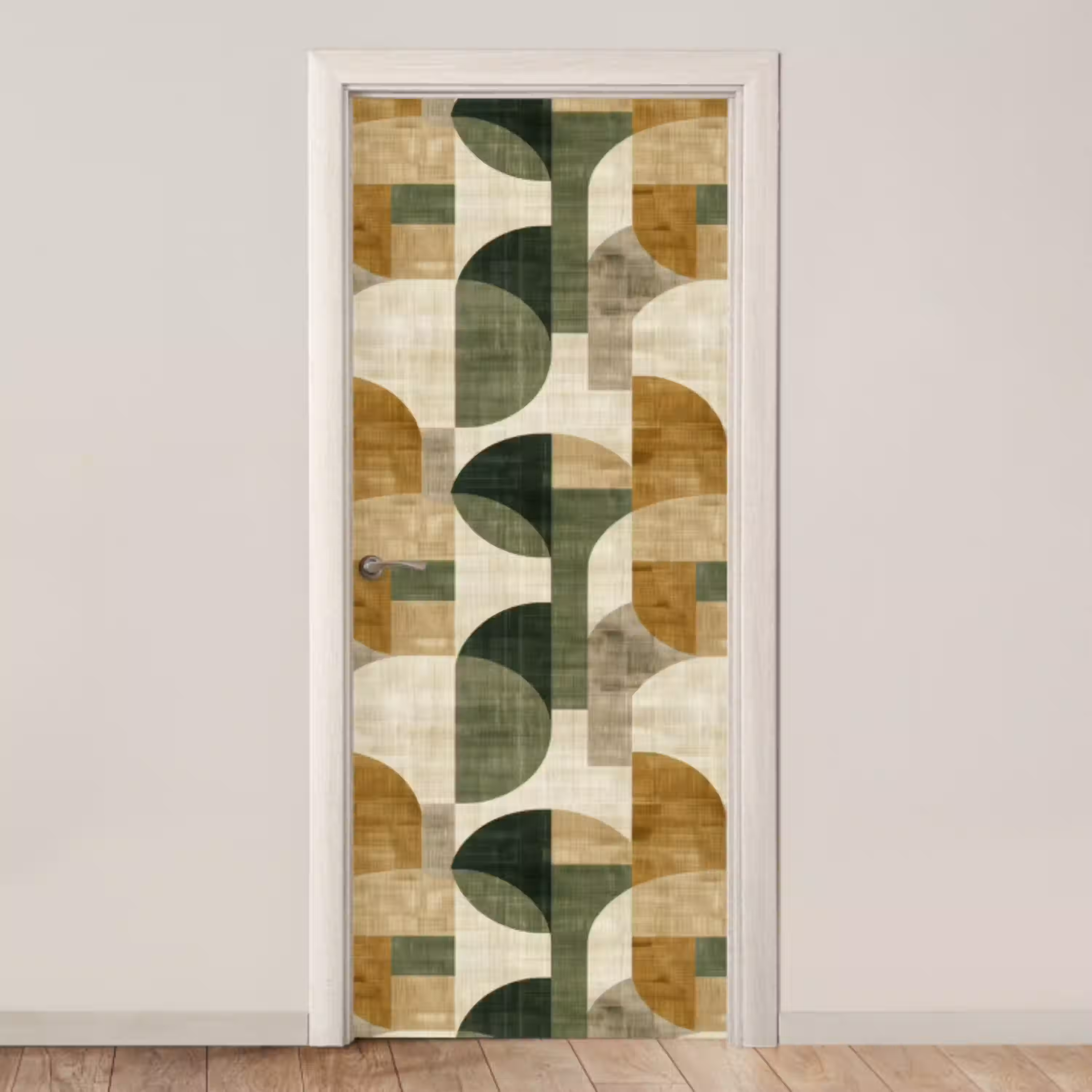 Olijfgroen - Geometrisch - Abstract - Mid-Century - Linnen - Patroon deurposter klein 289 -3d_beige
