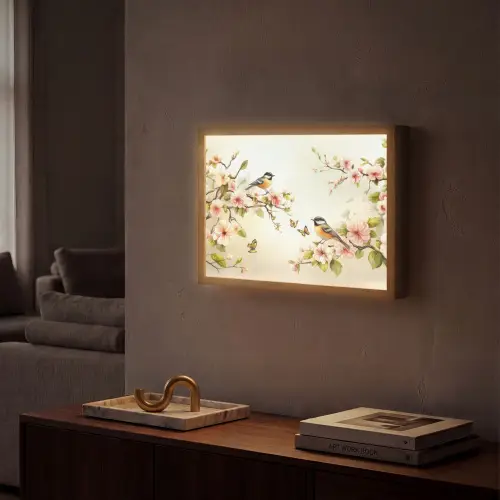 Takken - Bloemen - Vogeltjes - Roze Light Box met batterij (Wandlamp) middel -sfeer1
