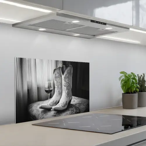 Wijn - Cowboylaarzen - Raamlicht - Wit keuken achterwand spatscherm klein -3d_schuin
