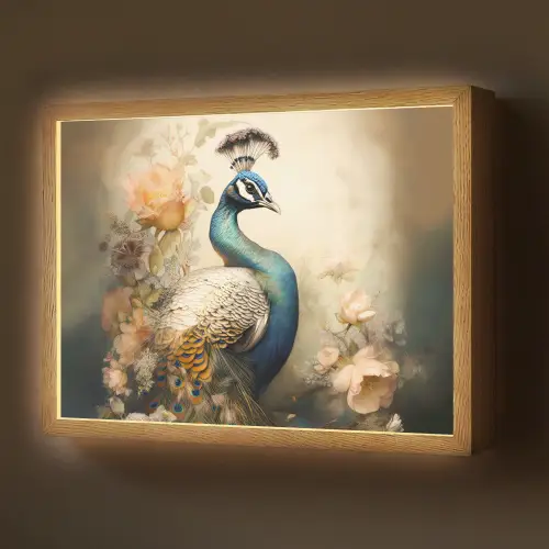 Pauw - Pauwenveren - Bloemen - Vogels - Botanisch Light Box met batterij (Wandlamp) middel -z3d_website