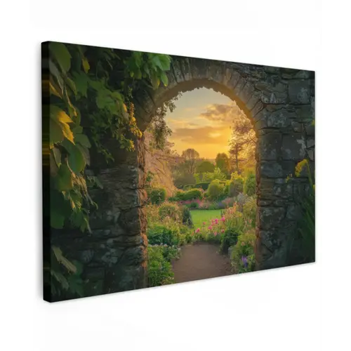 Poort - Planten - Zonsondergang Tuinposter op houten frame 2 cm dik klein -3d