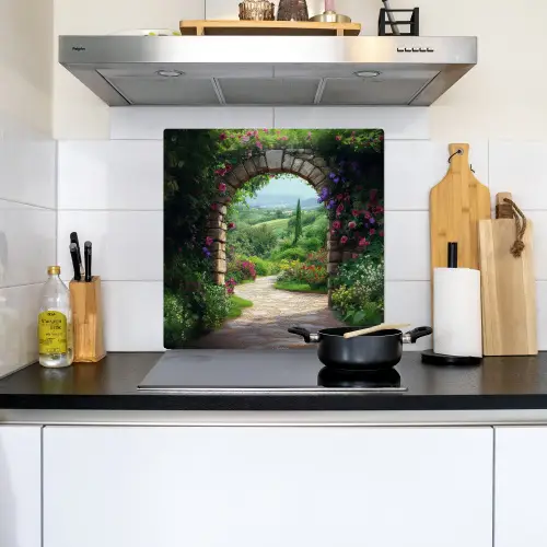 Doorkijk - Landschap - Bloemen - Pad - Uitzicht Inductie beschemer met haakjes middel -sfeer2