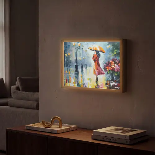 Olieverf - Paraplu - Vrouw - Straat - Kunst Light Box met batterij (Wandlamp) middel -sfeer1
