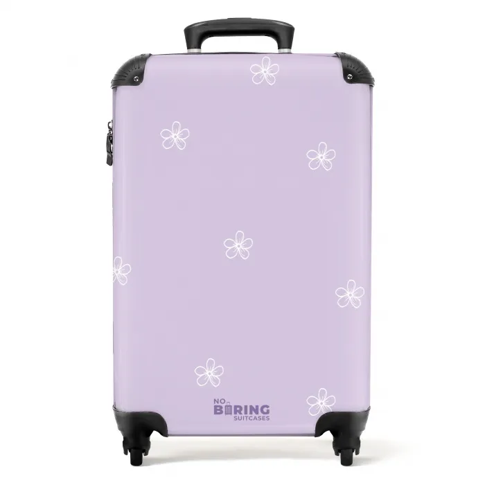 Paarse achtergrond met witte bloemen NBS - Handbagage koffer - Unisex middel -productfoto_recht