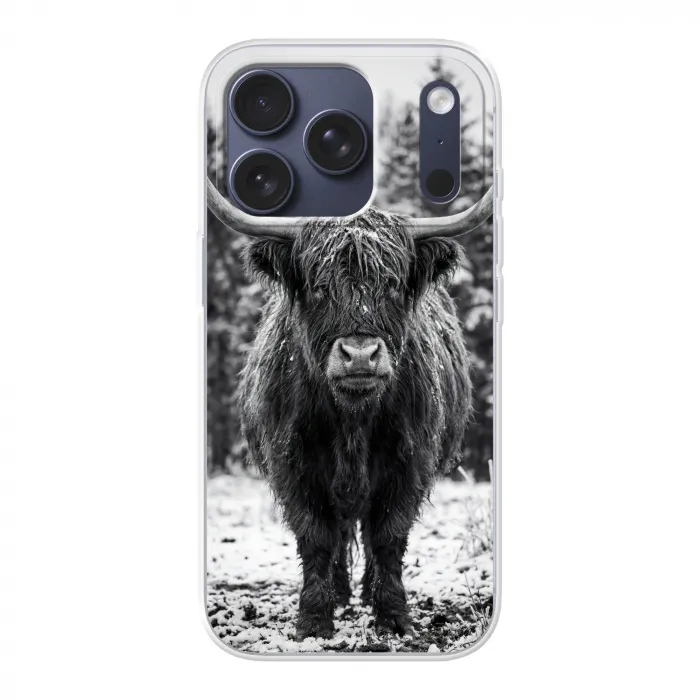 Schotse hooglander - Zwart - Wit - Sneeuwvlokken Telefoonhoesje iPhone 17 Pro klein -3d